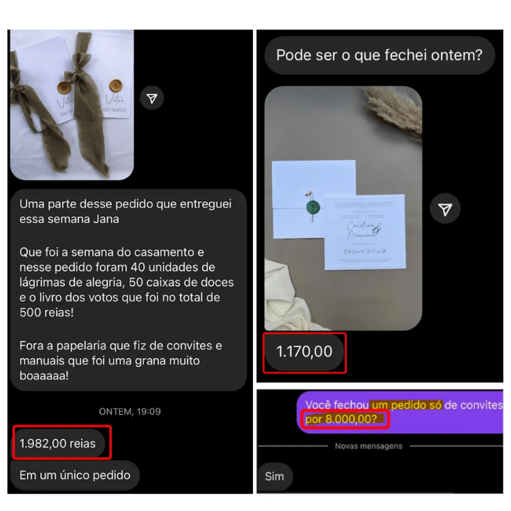 Aluna fechando pedidos de R$1.982 e R$1.170 em uma semana