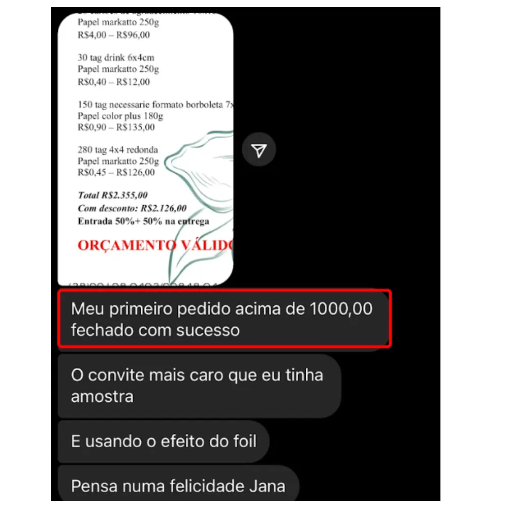 Aluna fechando primeiro pedido acima de R$1.000